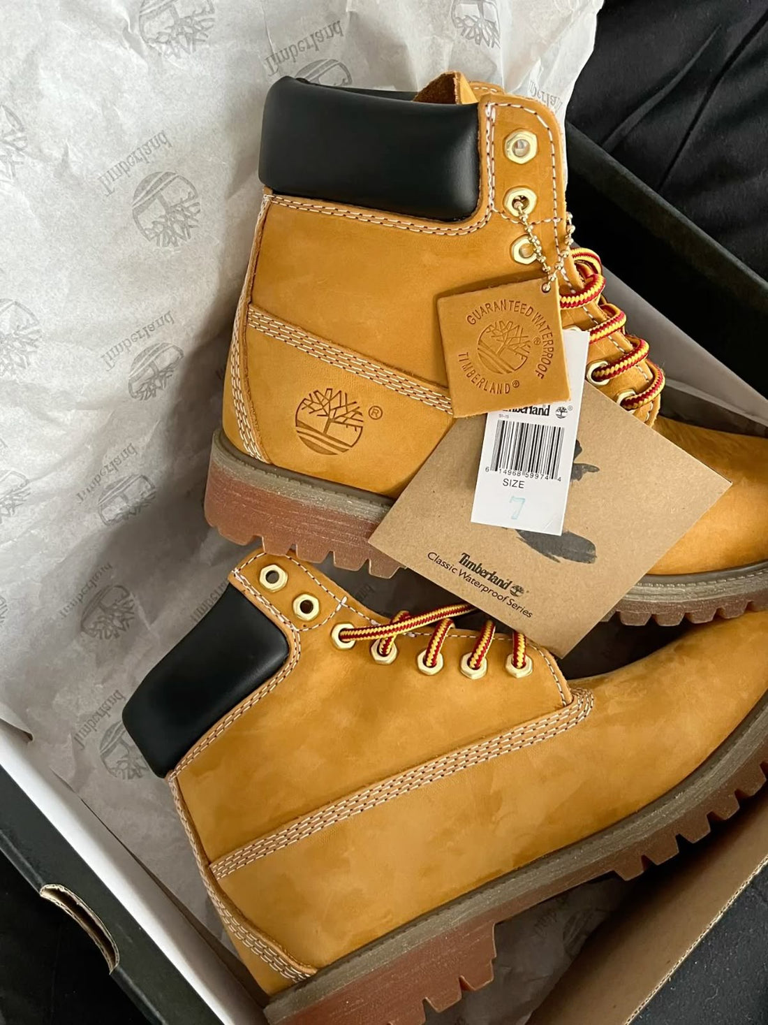 Wheat Timberland boots in their box
