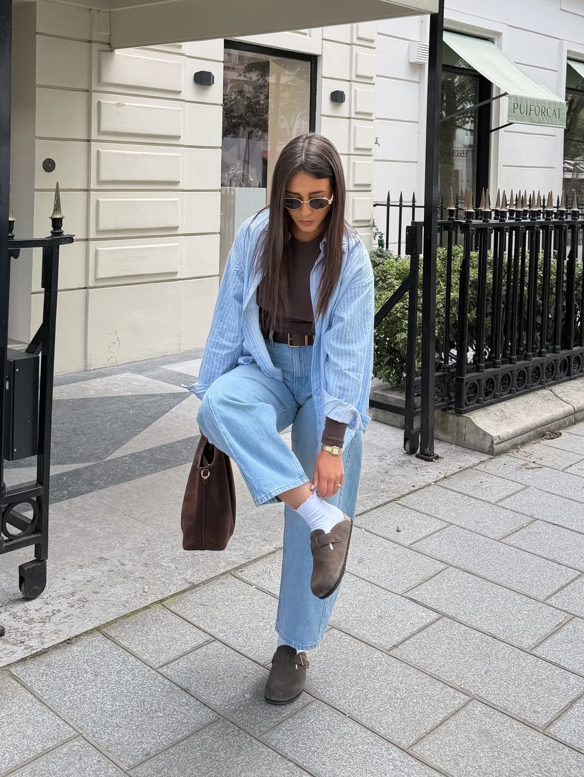 Denim streetwear outfit with suede clogs