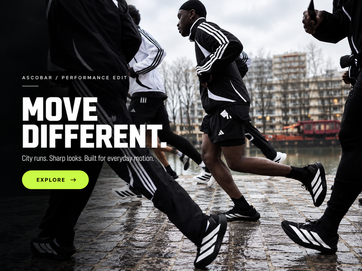 Ascobar Performance Edit — MOVE DIFFERENT. Street runners in black and white sneakers.